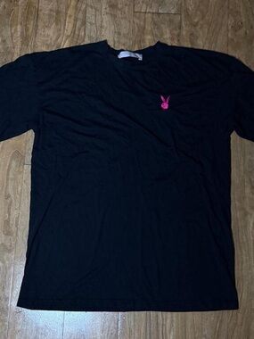 Black Short-Sleeve Tee with Pink Bunny Logo